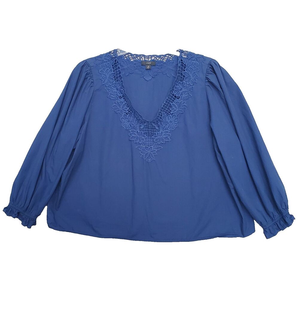 J.CREW Cotton Poplin Blue V-Neck Eyelet Trim Long Sleeve Blouse Size 3X